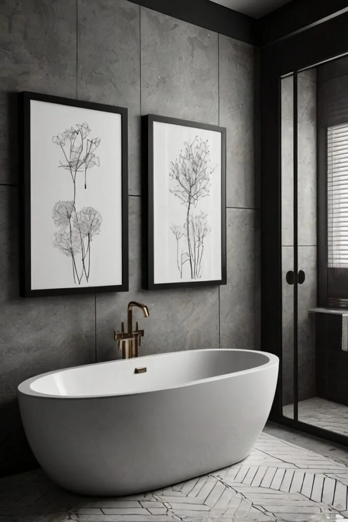 A luxury minimalist bathroom featuring large format grey stone wall tiles, highlighting refined bathroom wall decor ideas modern setups. In this image, two large matching black frames containing delicate black-and-white botanical sketch art prints are mounted side-by-side above a modern white freestanding bathtub equipped with a sleek brushed gold floor-mount faucet.