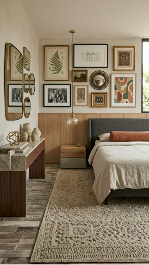 An elegantly curated gallery wall above a bed with a charcoal gray headboard, demonstrating versatile bedroom wall ideas. The display in 1.jpg features a sophisticated mix of black, gold, and natural wood frames containing botanical prints, abstract art, and family photography. The room is styled with warm wood wainscoting, a textured neutral rug, and a modern globe pendant light, creating a professional yet intimate atmosphere.