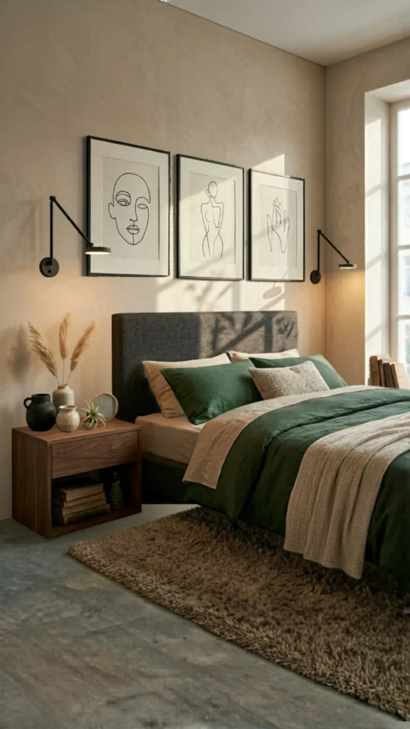 Three identical black-framed minimalist line art prints featuring abstract faces and forms, perfectly illustrating clean bedroom wall ideas. In this image, the artwork is centered above a dark grey headboard with forest green bedding, accented by modern black swing-arm sconces and a textured neutral rug for a sophisticated "less is more" aesthetic.