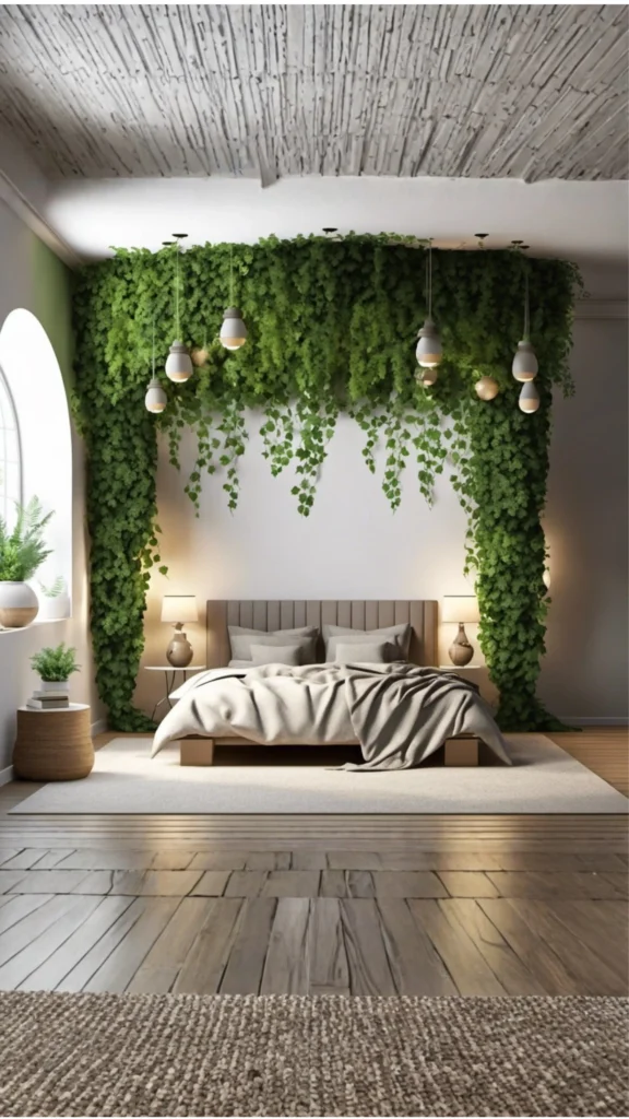 A lush "living wall" featuring dense, trailing green plants that arch over a neutral-toned bed, showcasing vibrant bedroom wall ideas. In this image, the greenery is accented by hanging globe pendant lights, while a platform bed with beige linens and matching bedside lamps sits on a large cream rug, creating a serene and natural sanctuary.