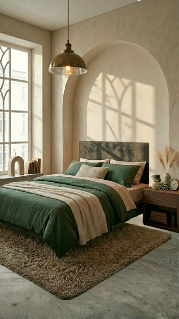 A minimalist bedroom featuring a large architectural arch detail on the wall behind the bed, serving as one of many creative bedroom wall ideas. In this image, the neutral-toned arch frames a dark grey headboard and forest green bedding, complemented by a brass pendant light and soft sunlight streaming through a nearby window for a calm, high-end look.
