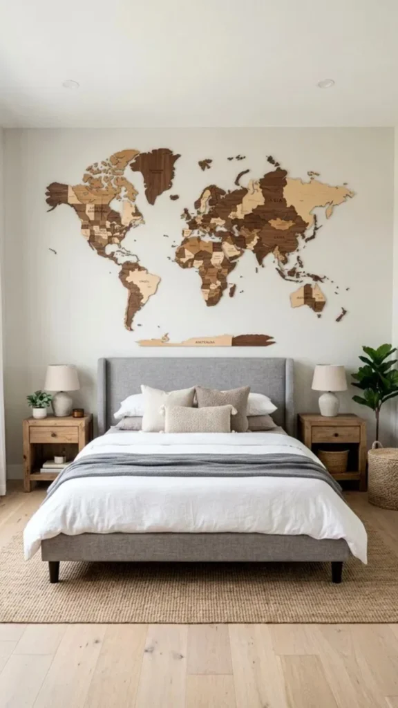 A large, multi-toned wooden world map mounted on a light neutral wall, showcasing travel-inspired bedroom wall ideas. In this image, the 3D map is centered above a modern grey upholstered bed with white linens and a grey throw, flanked by rustic wooden nightstands with matching lamps and a jute rug for a clean, sophisticated look.