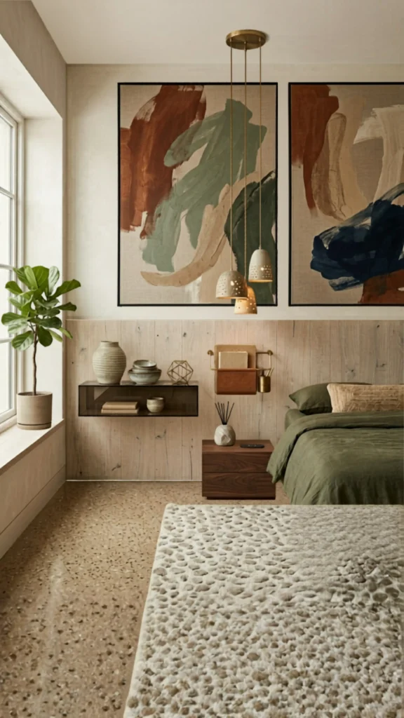 Two oversized abstract canvas paintings featuring bold strokes of terracotta, forest green, and navy blue, showcasing high-end painting ideas on canvas for bedroom wall decor. The artwork in this image hangs above light wood wainscoting and a bed with olive green linens, perfectly tying together the room's earthy color palette. The space is finished with a modern triple-pendant light and a textured beige rug, creating a sophisticated boutique hotel vibe.