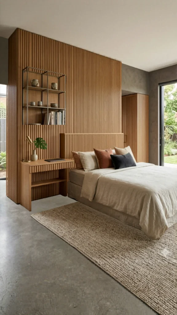 A modern bedroom featuring a floor-to-ceiling vertical wood slat accent wall, illustrating sophisticated wall decor ideas for bedroom trends. The image in this image shows a seamless integration of natural oak textures with a matching slatted headboard and side desk. The neutral space is styled with beige linens, terracotta accent pillows, and a minimalist metal wall shelf, creating a "Quiet Luxury" aesthetic that adds warmth and architectural interest without paint.