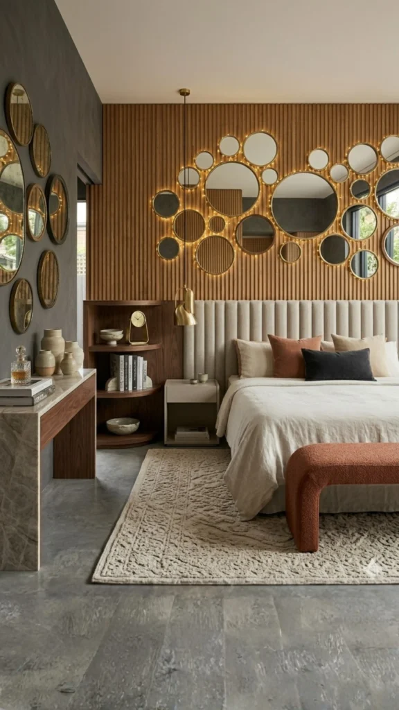 A creative arrangement of various sized circular mirrors with backlighting mounted on a vertical wood slat wall in a modern bedroom. The image in this image features a neutral bed with a channeled headboard and warm accent pillows, illustrating unique bedroom wall ideas.