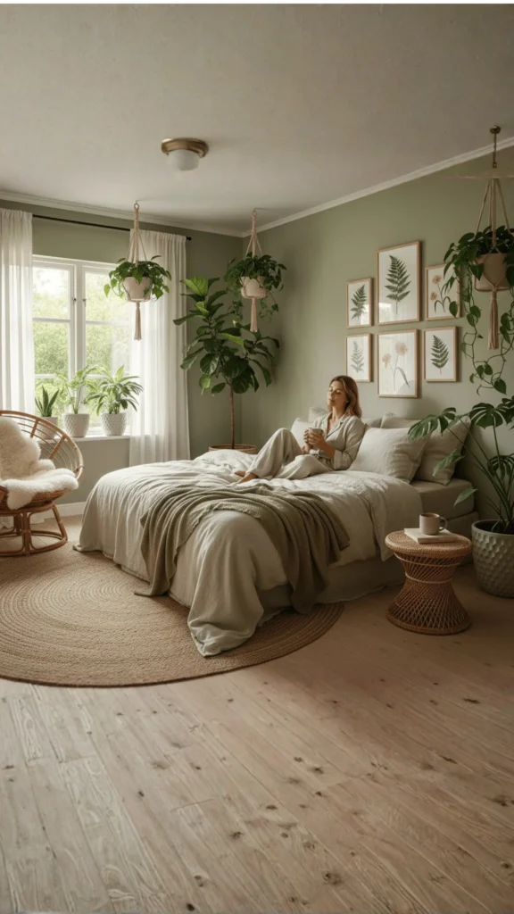 A serene sage green bedroom featuring a gallery of framed botanical fern prints above the bed, illustrating organic bedroom wall ideas. In this image, macramé plant hangers with lush greenery and a large fiddle leaf fig complement the soft linen bedding and round jute rug, creating a cozy and natural bohemian atmosphere.