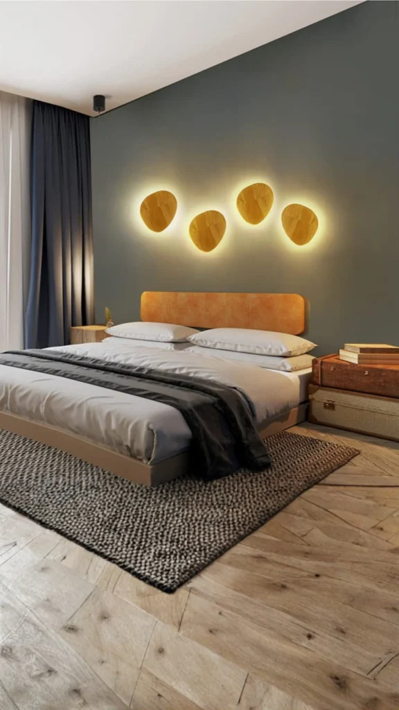 Four organic-shaped wooden wall sconces with warm backlighting mounted on a dark charcoal grey accent wall, providing unique bedroom wall ideas. In this image, a bed with an orange leather headboard is paired with vintage suitcase-style nightstands and a textured grey rug, illustrating how light can serve as a sophisticated decorative element.