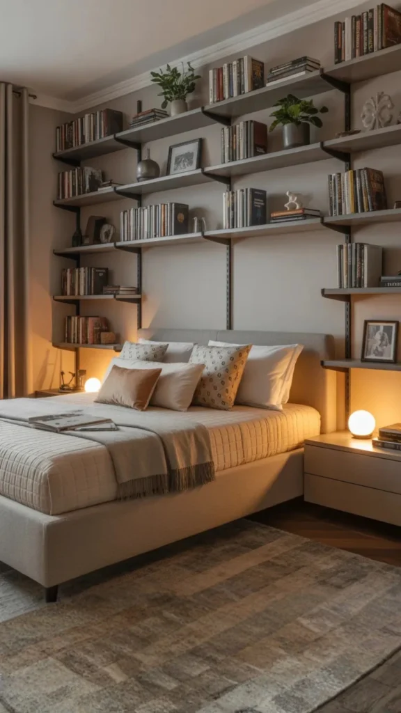 A bedroom featuring a wall-to-wall adjustable shelving system filled with books, small plants, and framed photos, highlighting versatile bedroom wall ideas. In this image, the grey shelves sit above a beige upholstered bed with warm bedside globe lamps and a textured neutral rug, showcasing how floating shelves can provide both storage and a customizable decor display.