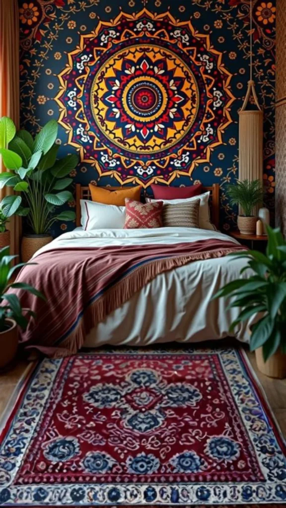 A vibrant bedroom featuring a large-scale mandala mural on a dark navy background, illustrating bold bedroom wall ideas. In this image, the intricate wall pattern is paired with a bed styled with warm terracotta and patterned pillows, a matching traditional rug, and lush indoor plants, creating a rich bohemian atmosphere.