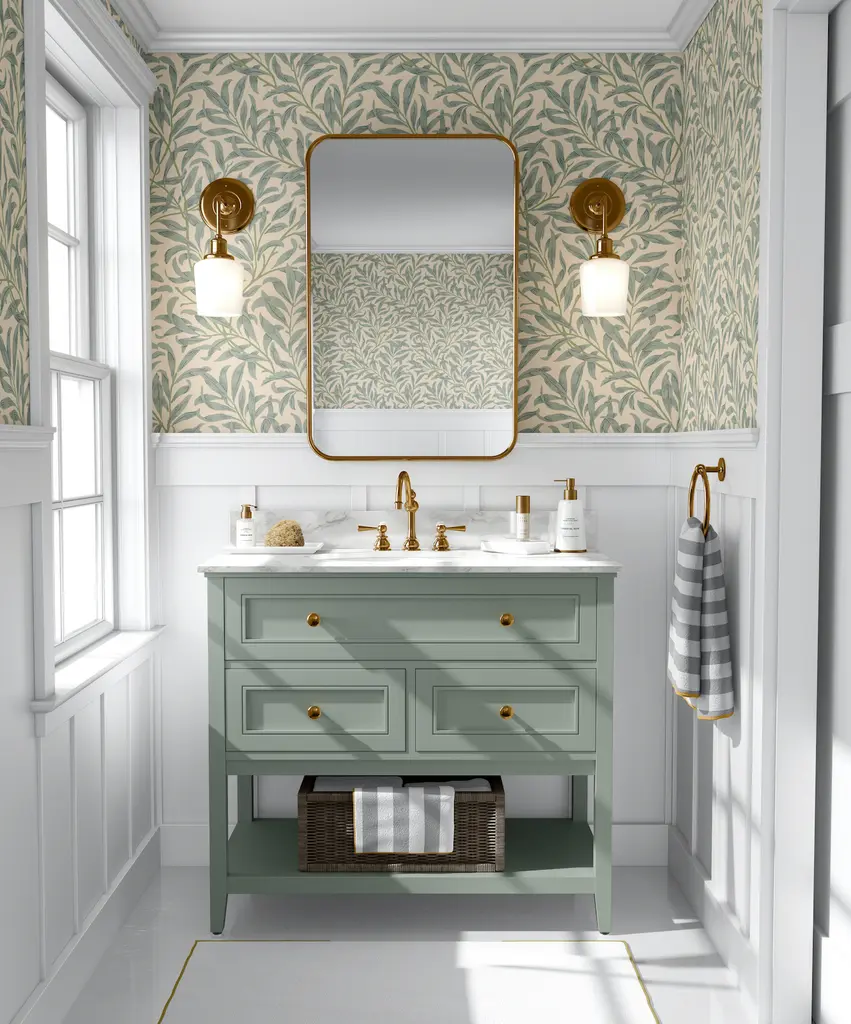 A charming modern farmhouse bathroom featuring pale green and cream botanical leaf pattern wallpaper above crisp white board and batten wainscoting, perfectly highlighting bathroom wall ideas decor modern farmhouse trends. In this image, the serene feature wall highlights a muted sage green vanity with brushed gold hardware, a rectangular gold-framed mirror, and matching brass gooseneck wall sconces.
