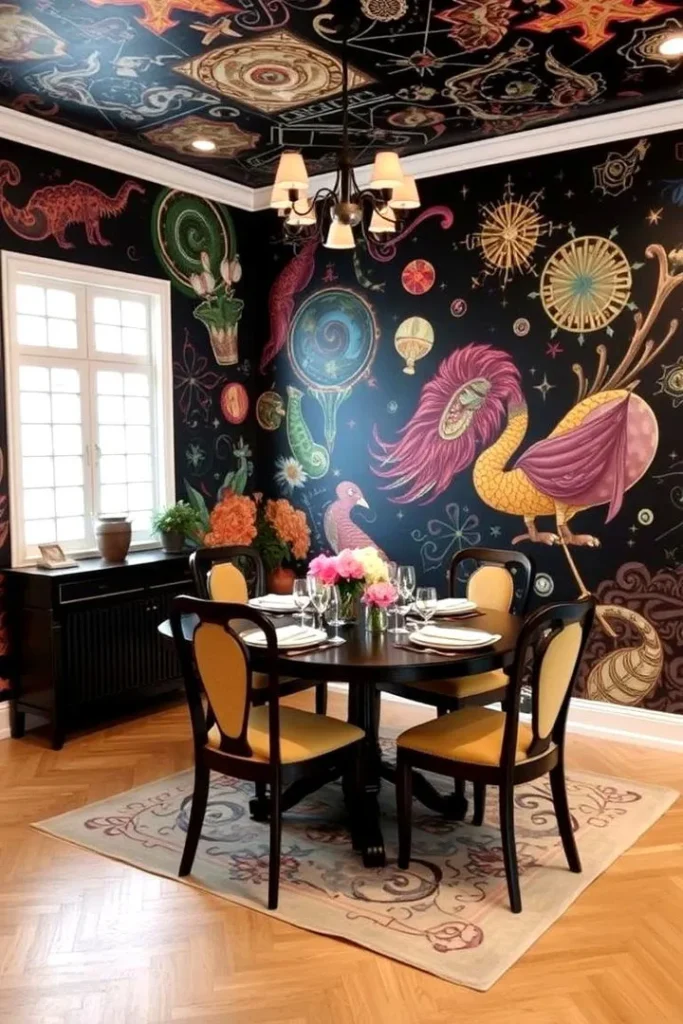 A maximalist dining room wrapped in a striking, large-scale wallpaper mural with a deep navy black background, extending seamlessly onto the ceiling. The moody landscape features intricate, colorful surrealist illustrations of exotic birds, celestial symbols, and organic shapes. In the center, a dark round wood dining table set with white plates and pink floral centerpieces is surrounded by classic chairs with yellow upholstery, anchored by a patterned area rug on light chevron wood floors.