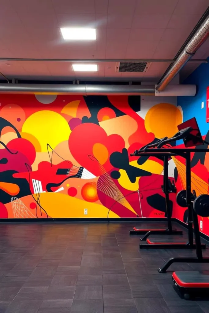 A vibrant gym workout room featuring a massive, bold abstract wall mural filled with high-energy geometric shapes in red, orange, and yellow hues, situated behind a black squat rack station on a dark tiled floor.