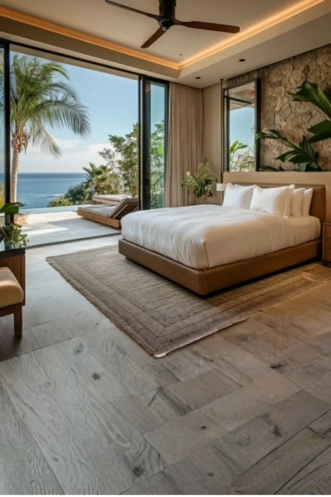 A breathtaking luxury bedroom showcasing how biophilic elements bring a touch of nature into a modern simple space. The design features a low-profile tan leather platform bed with crisp white linens, anchored by a textured neutral area rug over wide-plank wood flooring. An organic stone accent wall serves as the backdrop, decorated with large tropical green plants. Expansive glass pocket doors slide completely open to connect the room seamlessly to an outdoor infinity pool deck with lounge seating, overlooking a stunning ocean view with palm trees.