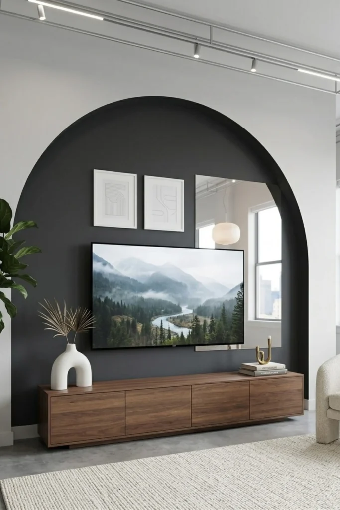 A minimalist modern living room featuring a large, dark gray painted arch on a white wall behind a flat-screen television, paired with a long wooden media console.