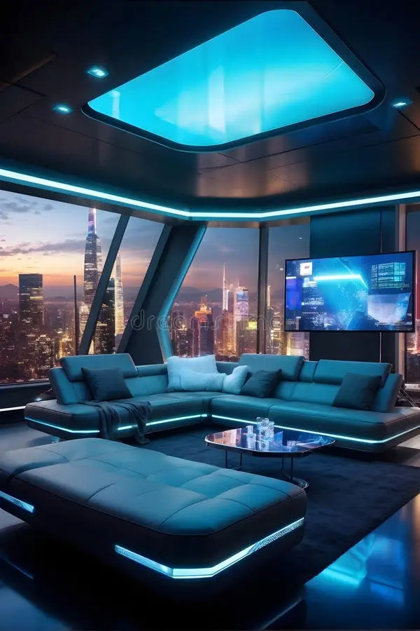 **Alt Text:**A futuristic penthouse living room showcasing curated smart technology disguises as seen in the file "Curated Smart Technology Disguises.webp". The high-tech, ultra-modern space features an integrated digital art-style television screen mounted on a dark wall paneled layout. A massive low-profile leather sectional sofa and matching plush ottoman are glowing with cyan blue neon LED under-lighting accents. In the background, floor-to-ceiling panoramic grid windows look out onto a stunning illuminated metropolitan skyline at dusk under a large ceiling skylight fixture.