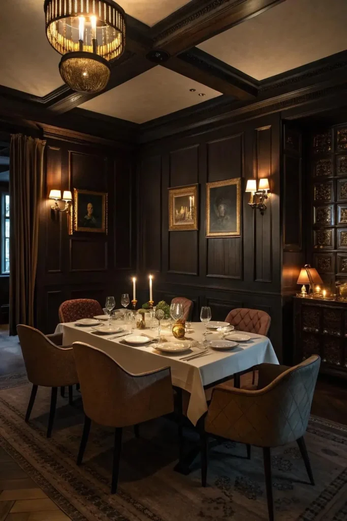 An elegant boutique-hotel style dining room featuring rich, dark wood paneled walls and a coffered wooden ceiling. A formal dining table is beautifully set with a light cream tablecloth, fine chinaware, wine glasses, and lit candles, surrounded by upholstered dining chairs. The moody, upscale space is illuminated by a vintage gold chandelier and warm wall sconces, creating a high-end, expensive aesthetic with dramatic contrast.
