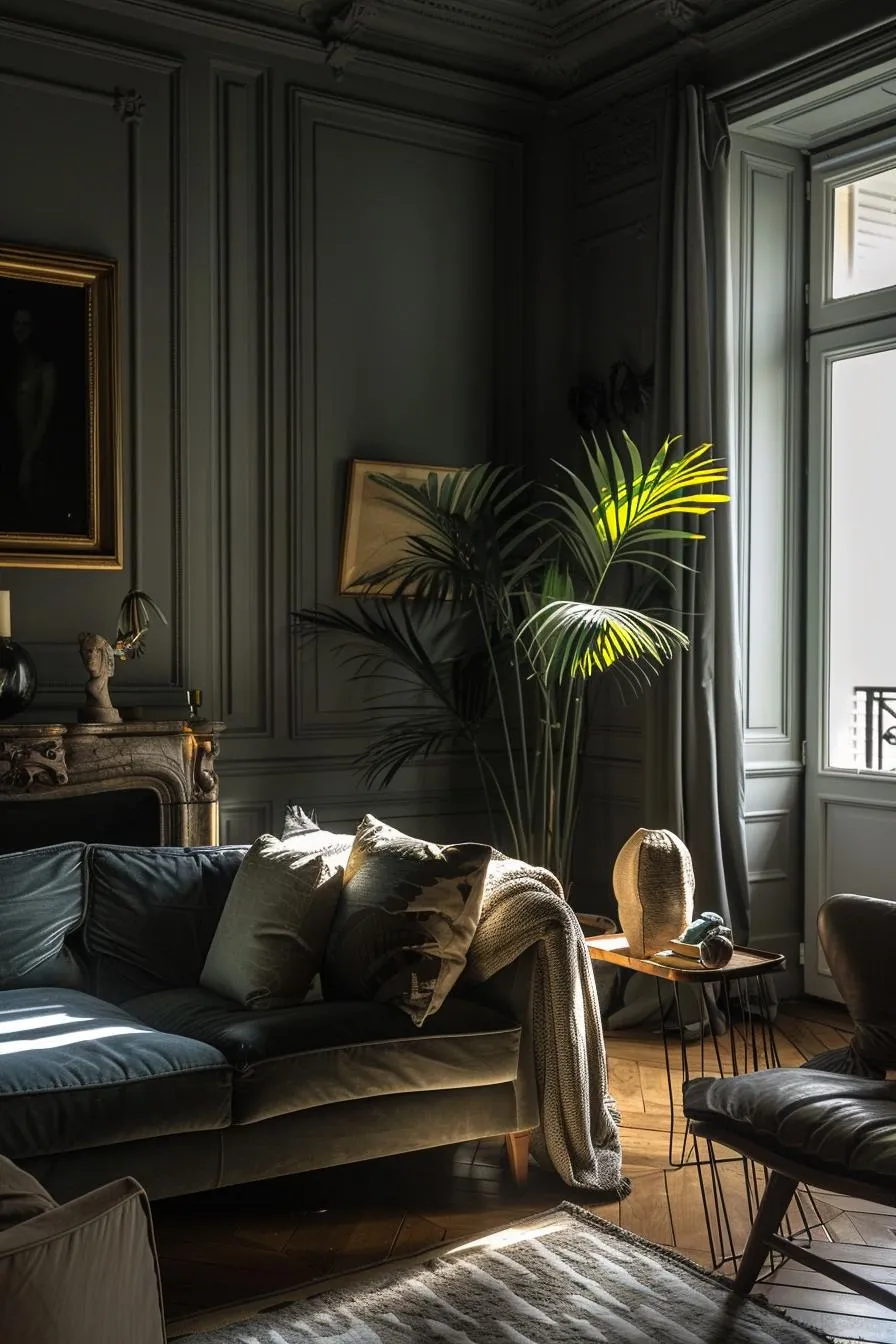 A classic, sophisticated living room featuring charcoal grey paneled walls with elegant picture frame molding, beautifully illustrating moody paint ideas. In this image, a plush velvet sofa with textured throw pillows is placed near a tall window where soft sunlight highlights a large potted parlor palm, a vintage fireplace mantel, and rich chevron hardwood floors.