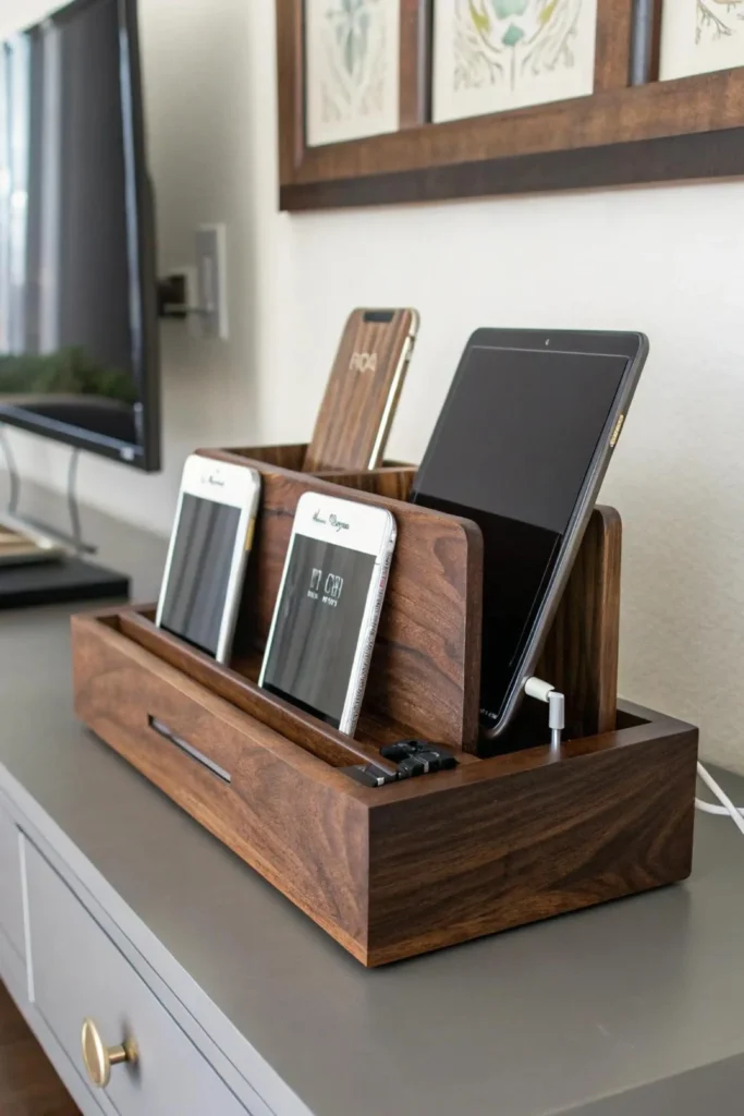 A multi-device wooden charging station organizer resting on a grey modern console table. The dark wood organizer holds a black tablet connected to a white charging cable, two smartphones in the front slots, and an additional device in the back divider. Small tech accessories are neatly tucked into the front compartment, keeping the setup completely wire-free. This functional piece perfectly demonstrates how to keep your phone, glasses, and tablet organized overnight with a beautiful, solid timber tech cradle instead of messy, tangled plastic chargers.