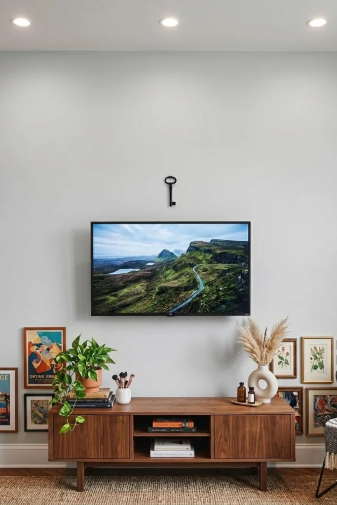 A wall-mounted television displaying a landscape scene, centered on a light gray wall with a minimalist vintage layout featuring grouped artwork on the lower left and right sides of a wooden media console.