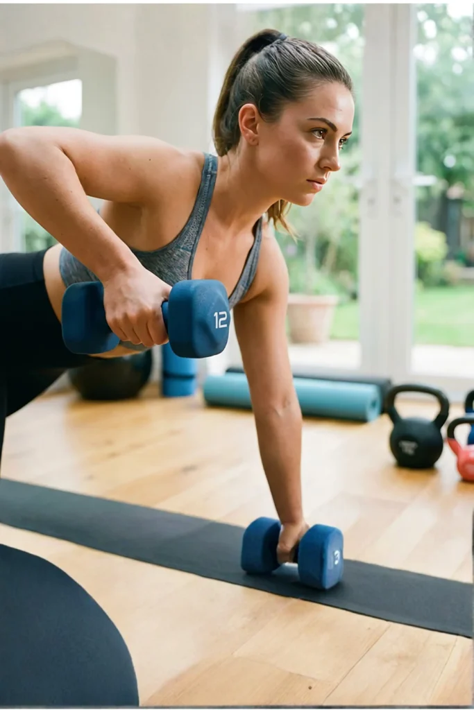 An action lifestyle shot from "Ergonomic Neoprene Dumbbells and Kettlebells.webp" featuring a focused young woman with her hair in a ponytail, wearing a gray sports bra and black leggings. She is executing a renegade row floor exercise on a long black workout mat laid over a light hardwood floor. Her left hand stabilizes her weight on a blue 3-pound dumbbell resting on the floor, while her right hand pulls a blue 12-pound hexagonal dumbbell up toward her torso, demonstrating how the anti-roll edges serve as stable handles. In the background, color-coded kettlebells and a rolled-up yoga mat are visible, showing a premium selection of gym accessories for home use.