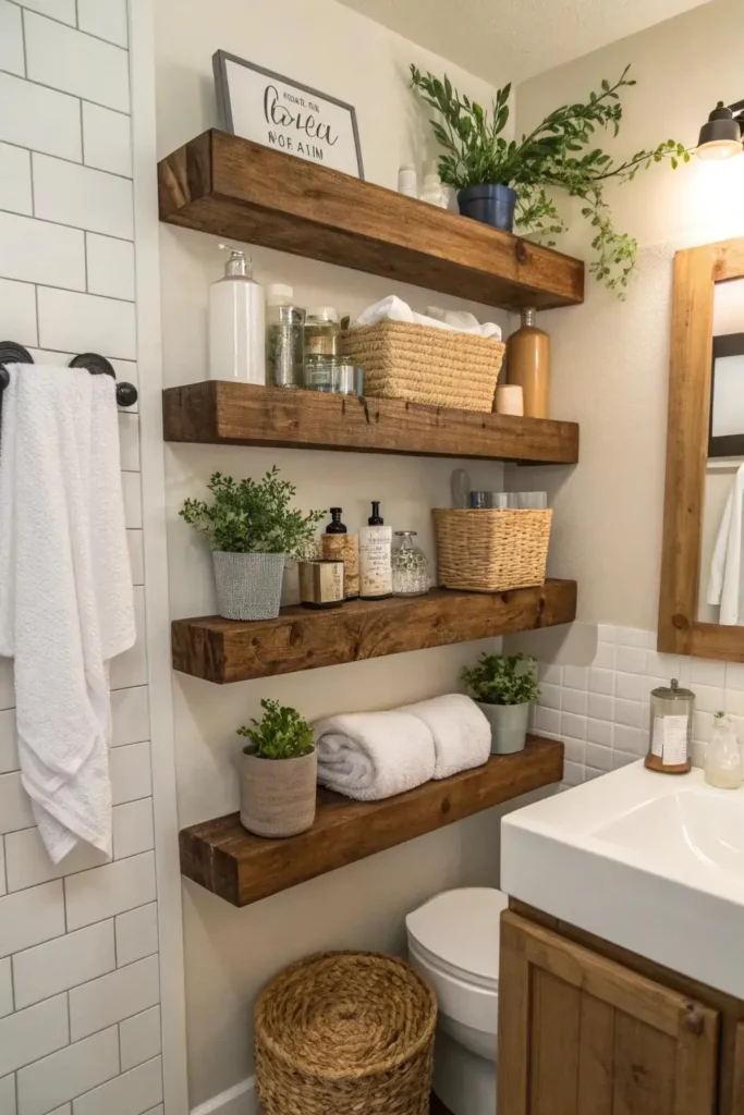 A modern, cozy bathroom showcasing smart vertical storage with four stacked chunky dark wood floating shelves, illustrating clever small bathroom wall decor ideas modern spaces benefit from. In this image, the shelves are beautifully styled with green potted plants, woven storage baskets, rolled white towels, and toiletries, mounted neatly in a recessed corner wall right next to a white tiled shower and a light wood vanity setup.