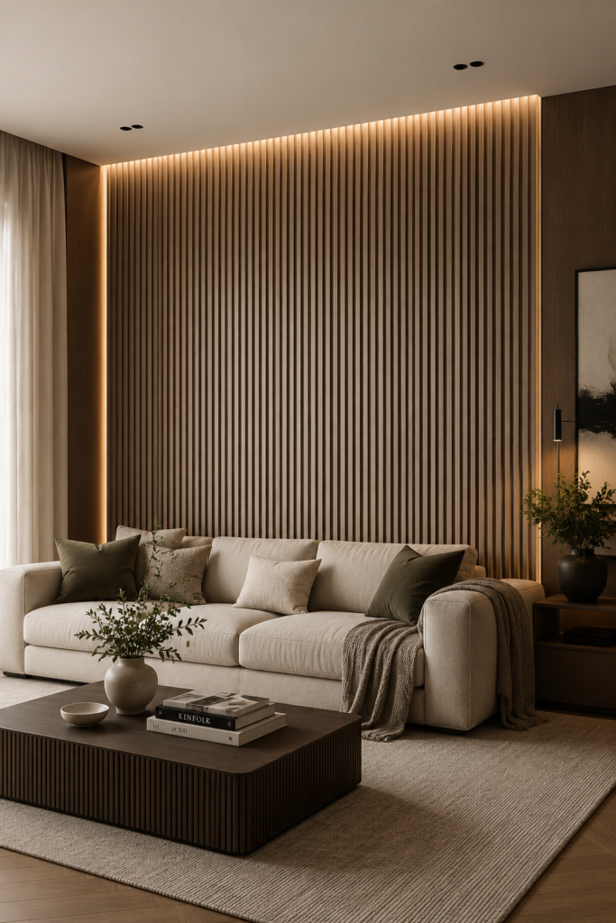 A modern living room featuring a floor-to-ceiling vertical fluted wood panel accent wall with warm hidden LED strip lighting along the top and sides. In this image, a large cream-colored upholstered sofa sits against the slatted wood feature wall, paired with dark green accent pillows, a low-profile dark wood coffee table, and a textured beige area rug to create a cozy, sophisticated look.