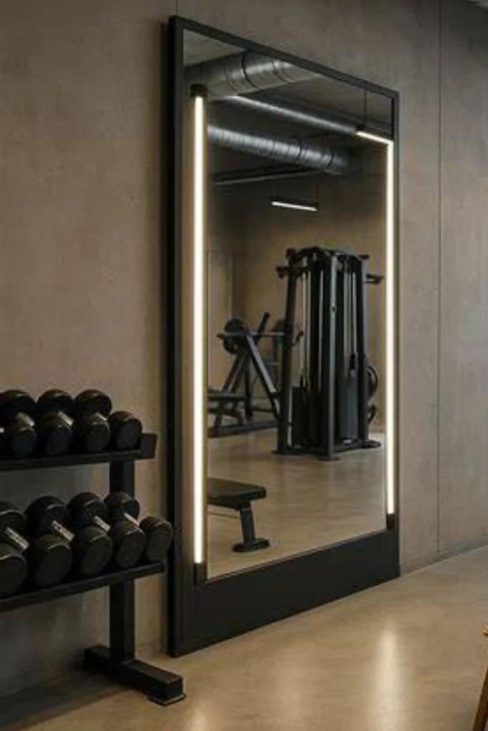 A modern industrial home gym featuring a massive wall-mounted rectangular mirror with a sleek black frame and integrated vertical LED light strips on each side, reflecting a weightlifting cage and fitness equipment against a neutral concrete-textured wall.
