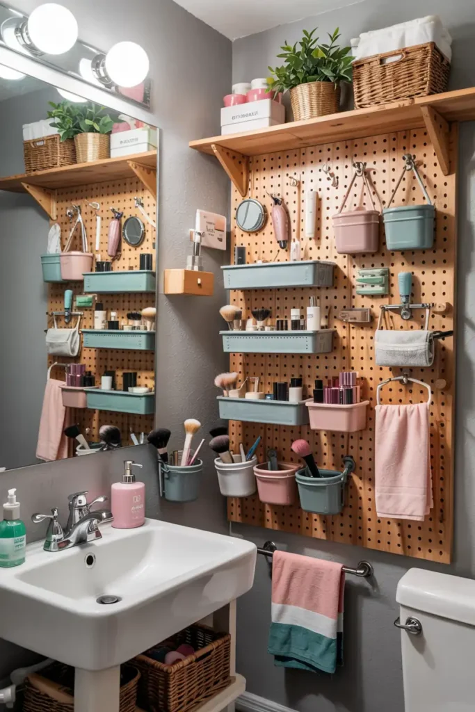 A functional and highly organized bathroom setup featuring a large natural wood pegboard mounted on a grey wall, displaying clever bathroom wall decor ideas modern organizers utilize. In this image, the board is equipped with small wooden shelves holding woven baskets and trailing green plants, alongside light pink and teal plastic hanging bins packed with makeup brushes, skincare bottles, and hanging towels next to a white sink vanity.