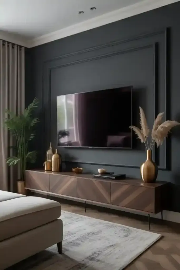 A dark charcoal gray accent wall with elegant picture frame molding detailing behind a wall-mounted television, paired with a wooden media console featuring a chevron pattern.