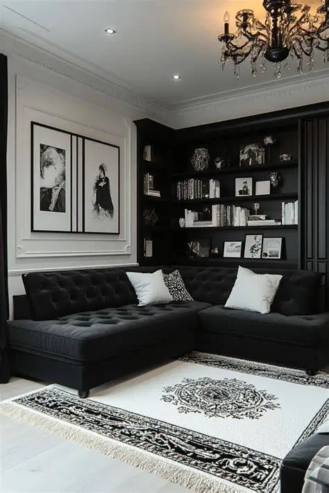 A sophisticated interior demonstrating high-contrast luxury interior design living room 2026 principles, as seen in the file "High-End Symmetry and Rich Contrast.webp". The layout showcases a structured conversation zone featuring a dark charcoal tufted sectional sofa accented with crisp white pillows. The dark furniture beautifully contrasts against a bold white and black patterned area rug, while a sleek black built-in bookshelf wall, elegant framed artwork, and a classic glass chandelier overhead frame the polished layout.