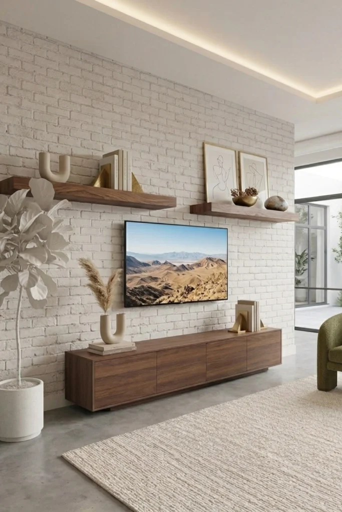 A modern living room setup featuring chunky dark wood floating shelves mounted asymmetrically on a white brick accent wall above a television and a matching wooden media console.