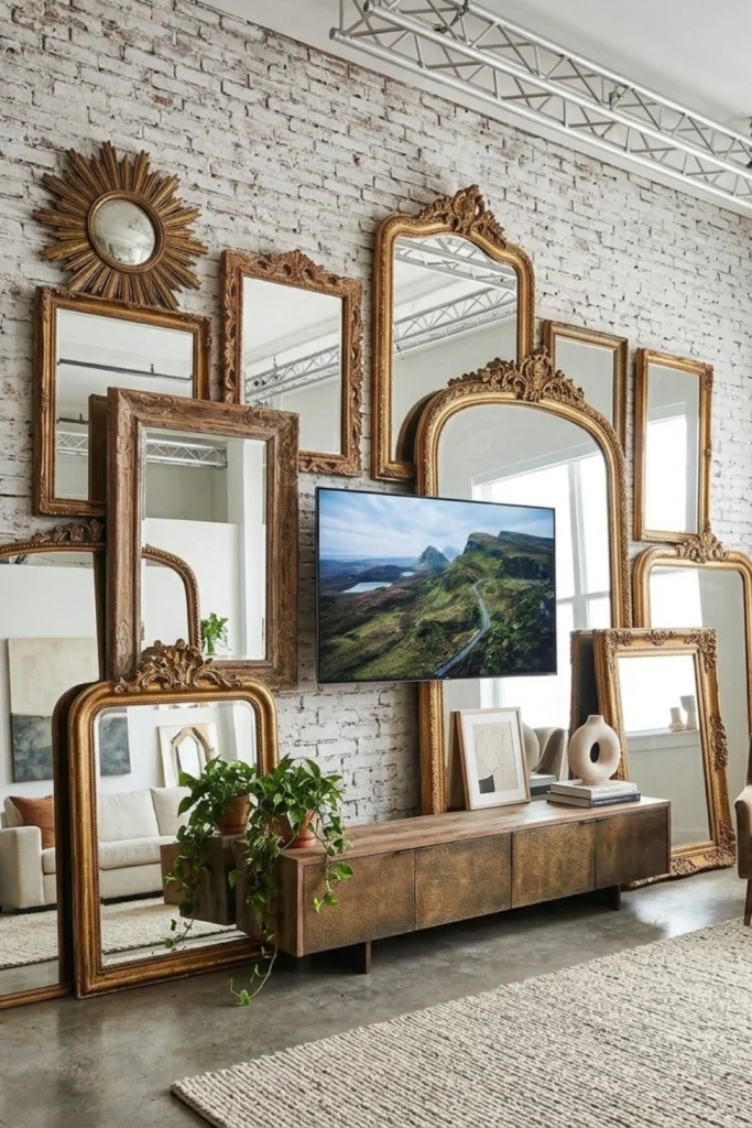 An eclectic salon-style wall display featuring a collection of oversized vintage gold and wooden framed mirrors layered together on a white brick wall, completely surrounding a central wall-mounted television.