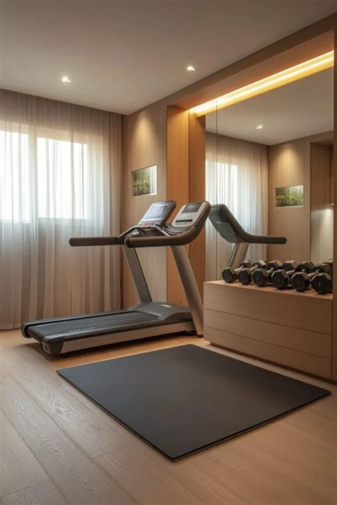 A modern home wellness corner in the file "Layered Lighting for Zone.webp" showcasing layered lighting to define a workout zone inside a tiny room. A treadmill and a dark grey fitness mat rest on light wood flooring. The space features warm wood-paneled walls and a large floor-to-ceiling mirror illuminated by hidden LED strips at the top, casting a soft, cloud-like glow alongside recessed ceiling spotlights. A row of hex dumbbells sits neatly on a wooden credenza in front of the mirror, with soft sheer curtains filtering natural daylight in the background.