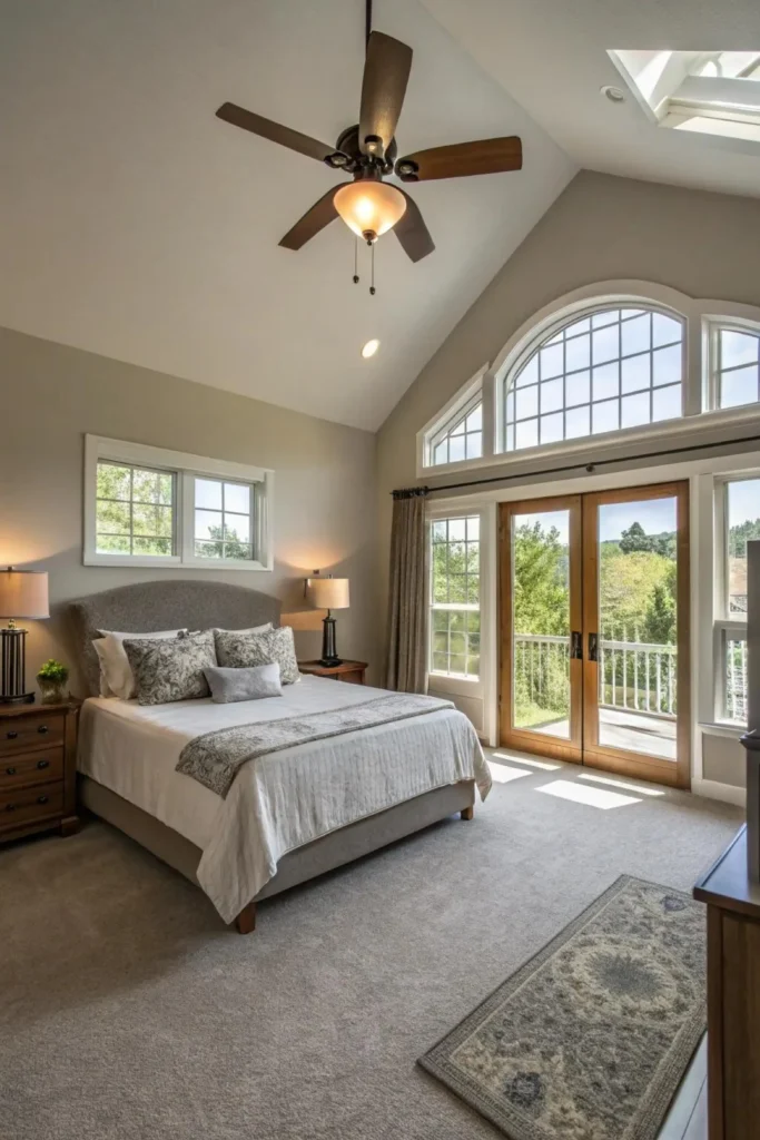 An airy master bedroom emphasizing an open simple bedroom layout designed for effortless movement. The space features a gray upholstered bed styled with neutral floral patterned pillows and a matching bed runner, flanked by traditional wooden nightstands with lamps. High vaulted ceilings with a center wooden ceiling fan look down onto full carpet flooring, highlighted by bright natural light pouring in through a large arched grid window and double glass patio doors that lead out to a balcony overlooking green trees.