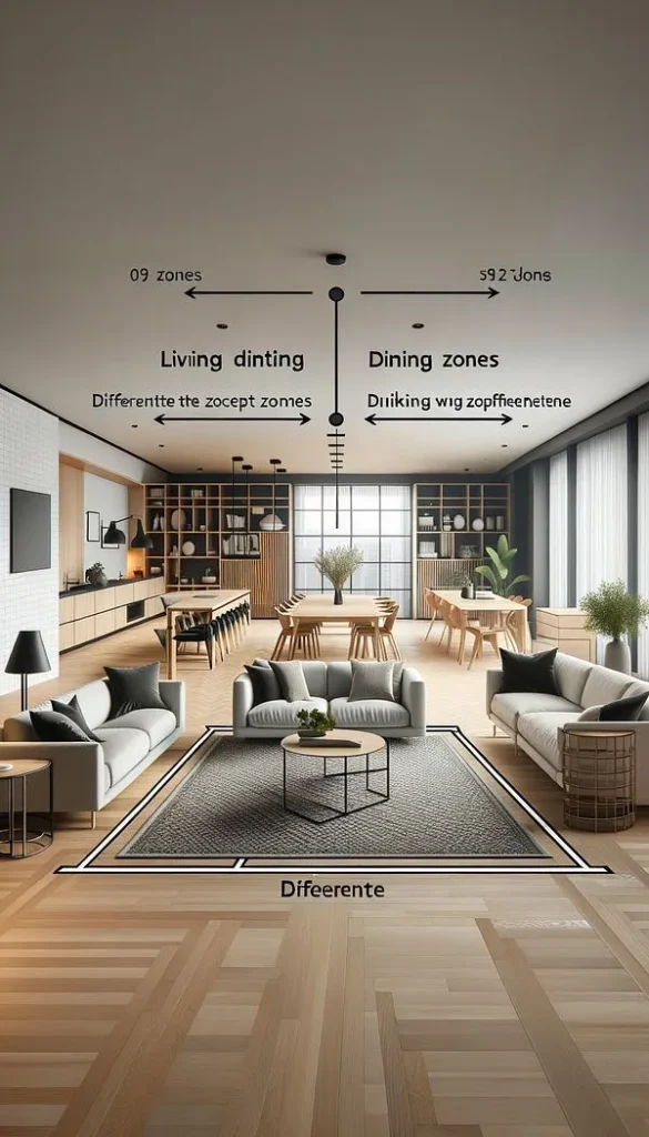 **Alt Text:**An open concept floor plan showcasing clever small living room interior design 2026 techniques in the file "Low-Profile Zoning for Cozy Floor Plans.webp". The space uses low-profile, modular seating arranged on a large geometric area rug to separate the sitting area from the dining zones behind it. A round coffee table sits in the center of the couches, while minimalist wooden tables, built-in shelving, and clean lines maintain an uninterrupted visual flow across the entire room.