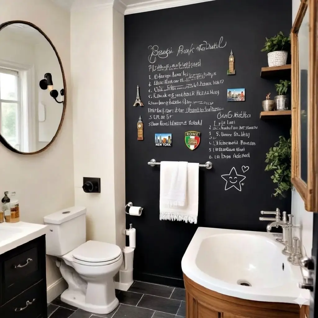 A playful and interactive bathroom featuring a large floor-to-ceiling matte black chalkboard wall panel, showcasing unique bathroom wall decor ideas modern spaces can use for personal touches. In this image, the chalkboard wall is filled with neat white chalk text, a drawn smiley face star, and travel souvenir magnets, situated directly behind a silver towel rack, a wooden sink vanity, and a classic white toilet.