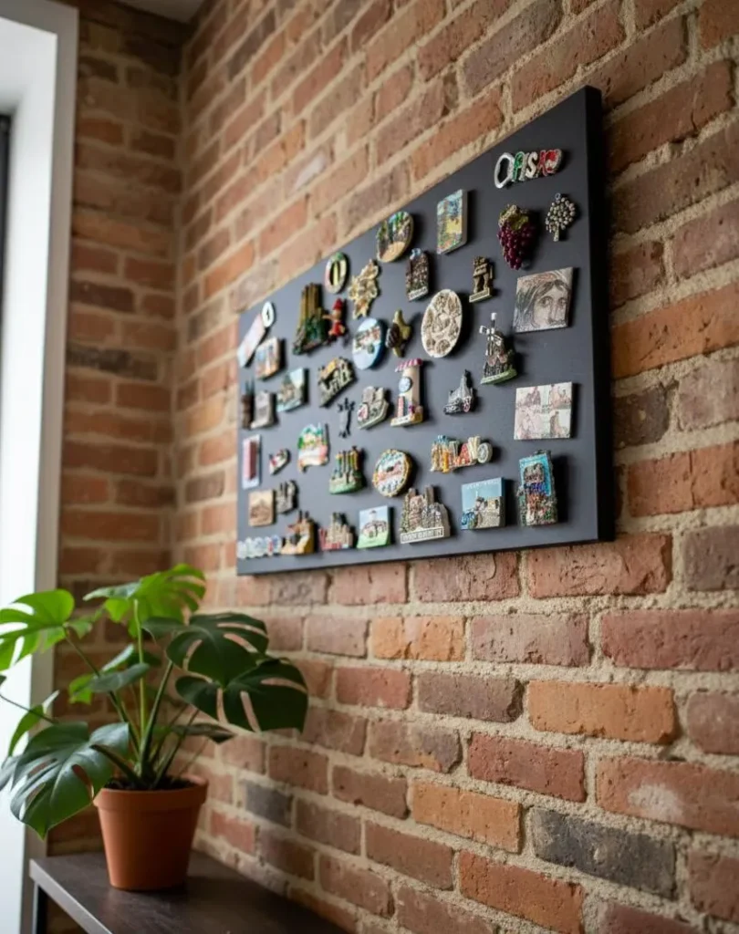 A rectangular black magnetic chalkboard mounted on a rustic exposed red brick wall, showcasing functional office design ideas. In this image, the board serves as a display for a large collection of colorful travel souvenir magnets, positioned above a dark wooden console table with a potted monstera plant under soft natural light.