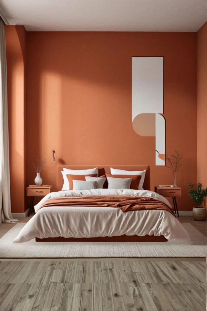 A minimalist modern bedroom featuring a rich terracotta or soft clay accent wall behind a low-profile platform bed. The bed is layered with clean white and warm rust-colored linens and pillows, flanked by two matching wooden mid-century modern nightstands with slender legs. A light, textured neutral area rug defines the sleeping zone over light oak wood floors, and a uniquely shaped architectural mirror hangs on the wall, reflecting natural light from the adjacent window.