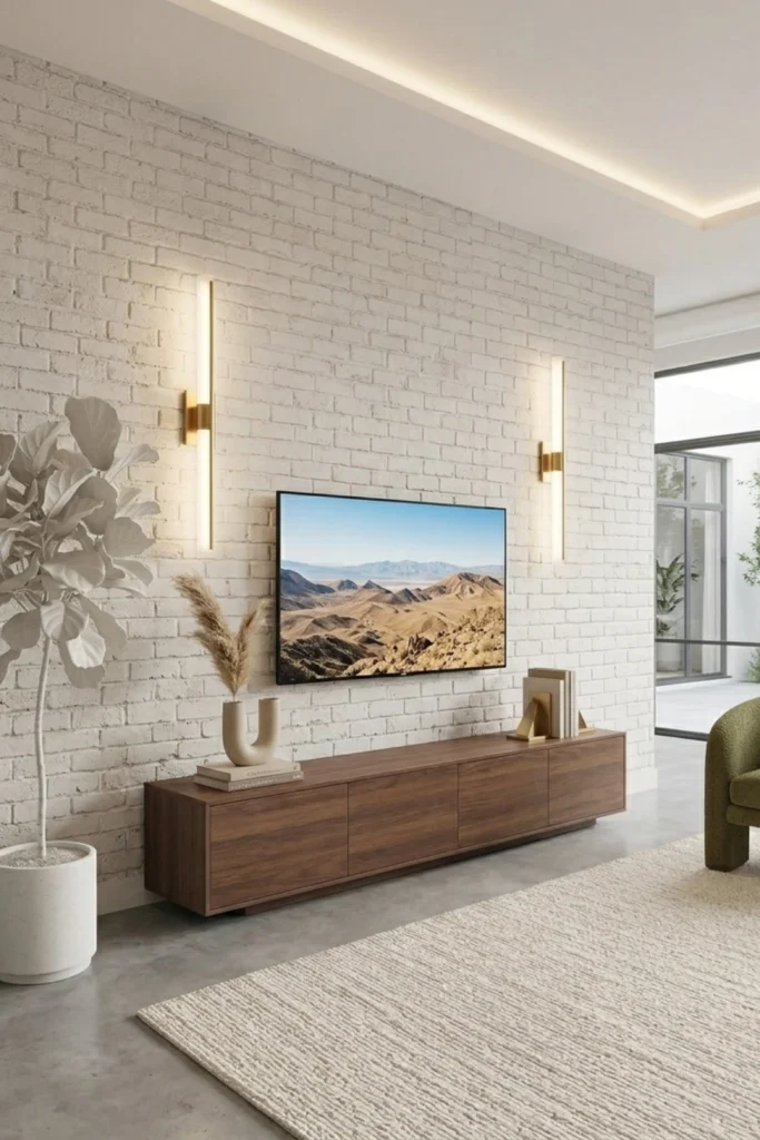 A bright modern living room featuring two sleek, brass vertical linear LED light sconces mounted symmetrically on a white brick accent wall on either side of a flat-screen television.