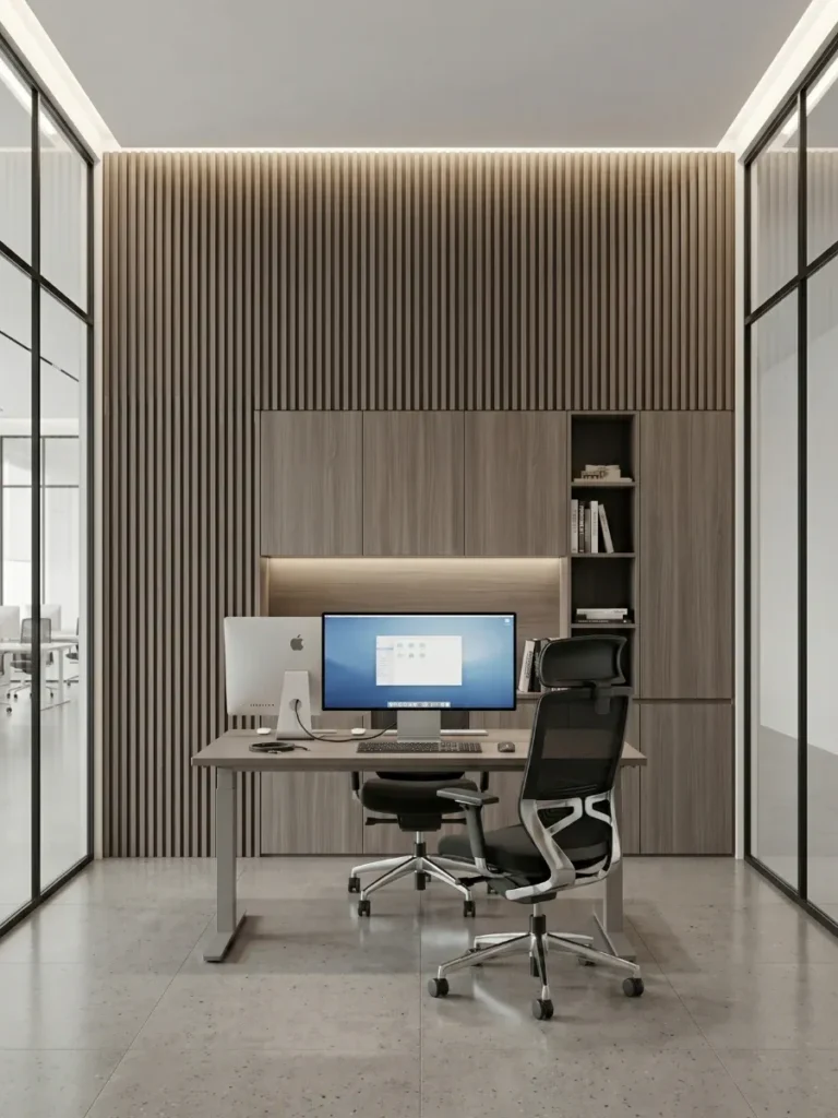 A modern office space featuring a floor-to-ceiling vertical fluted panel accent wall with integrated sleek cabinetry and a wooden desk setup, demonstrating stylish office design ideas. In this image, the contemporary workspace is enclosed by minimalist black-framed glass walls and illuminated by a bright drop-ceiling lighting panel, highlighting a high-end look achieved with peel-and-stick wood panels.