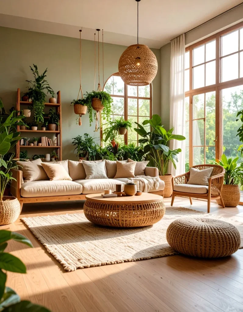 **Alt Text:**A bright, sunlit living area showcasing seamless biophilic integration principles in the file "Seamless Biophilic Integration.webp". The primary seating layout faces large grid windows framed by sheer white curtains to maximize natural daylight. A long beige sofa with earthy cushions is paired with a round, woven-textured wooden coffee table with soft, curved edges on a natural fiber area rug. Lush statement greenery fills the space, including massive potted tropical plants next to the couch, a wooden plant shelf, and hanging macramé planters against a soft sage green wall.