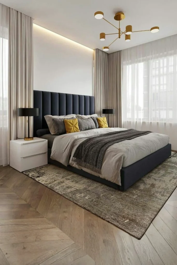 An elegant master bedroom showcasing a bedroom interior design modern simple luxury concept. The space features a tall, dark charcoal velvet headboard with a vertical tufted pattern, paired with white and gray bedding accented by mustard yellow pillows. Floor-to-ceiling beige drapes flank a large window with sheer white curtains, while a modern gold sputnik chandelier hangs from the ceiling. A white minimalist nightstand with a matte black lamp sits on chevron wood flooring anchored by a textured grey area rug.
