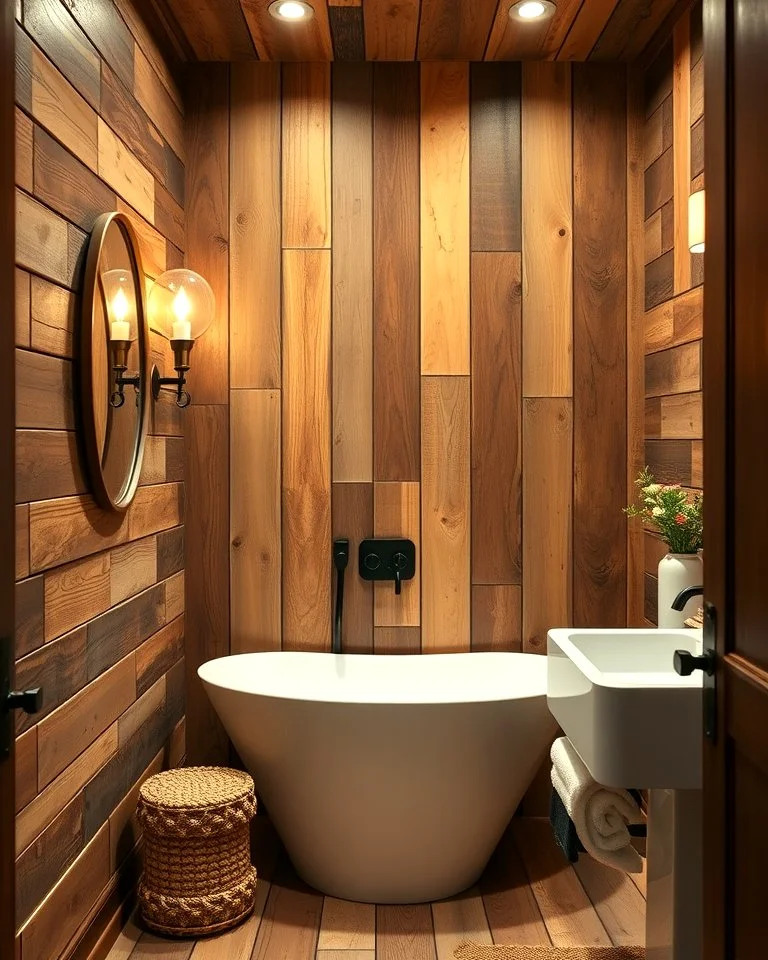 A cozy, rustic bathroom completely enveloped in floor-to-ceiling vertical and horizontal wood paneling, showcasing rich bathroom wall decor ideas modern natural styles embrace. In this image, the warm timber planks surround a modern white freestanding bathtub, a sleek white pedestal sink with towels underneath, an oval mirror with a glowing double-globe wall sconce, and recessed ceiling spotlights illuminating the wood grain.
