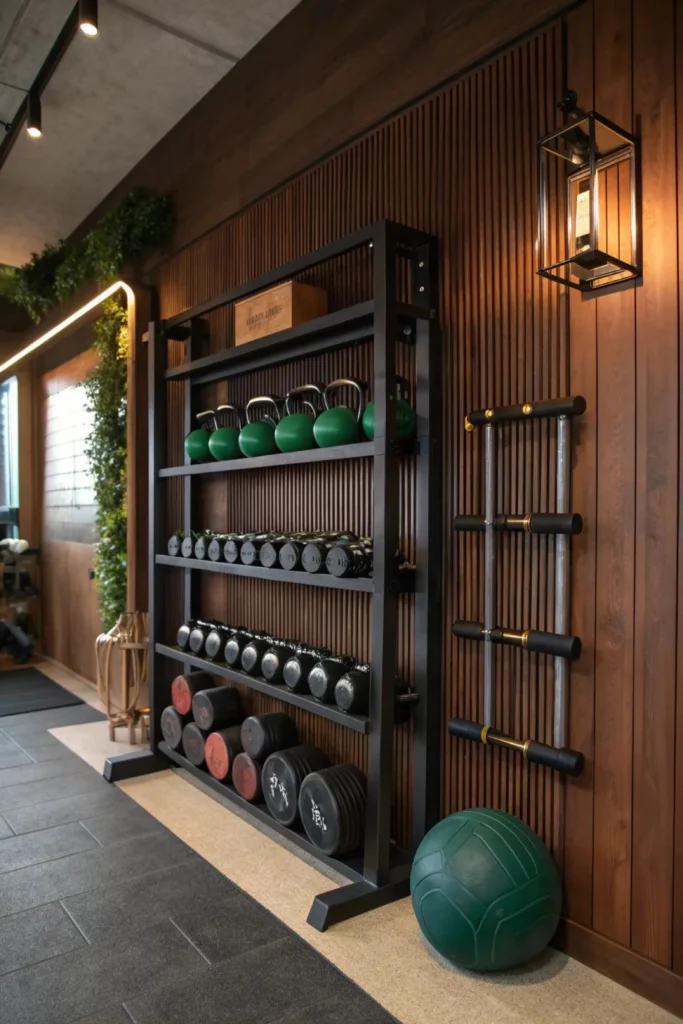 A luxury modern home gym featuring a tall black metal storage rack filled with organized green kettlebells, dumbbells, and weight plates against a rich dark wood slat wall panel, illuminated by a contemporary black cage wall sconce.