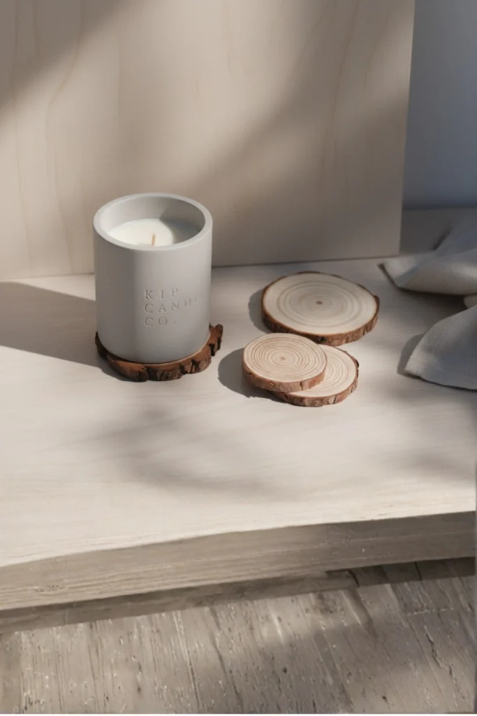 A minimalist setup featuring a scented "KIP CANDLE CO." candle in a matte grey jar resting on a round wood slice coaster on a light timber tabletop. Next to it, a small stack of three additional wood slices displays distinct organic growth rings and natural bark edges under soft, bright sunlight. A neutral fabric cloth is loosely draped in the background. The file "Slice Candle Coasters.webp" perfectly demonstrates how to use thick, sanded cross-sections of tree branches as natural coasters to elevate your evening aromatherapy candles and protect your tabletops.