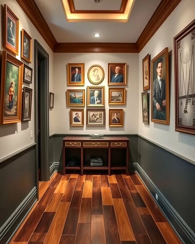 An elegant hallway featuring a formal gallery wall collection of framed vintage portraits and classic art prints in ornate gold frames, highlighting polished gallery wall ideas. In this image, the artwork is neatly arranged on off-white walls above deep charcoal grey wainscoting, complemented by warm wood crown molding, rich hardwood floors, and a dark wooden console table at the end of the hall.