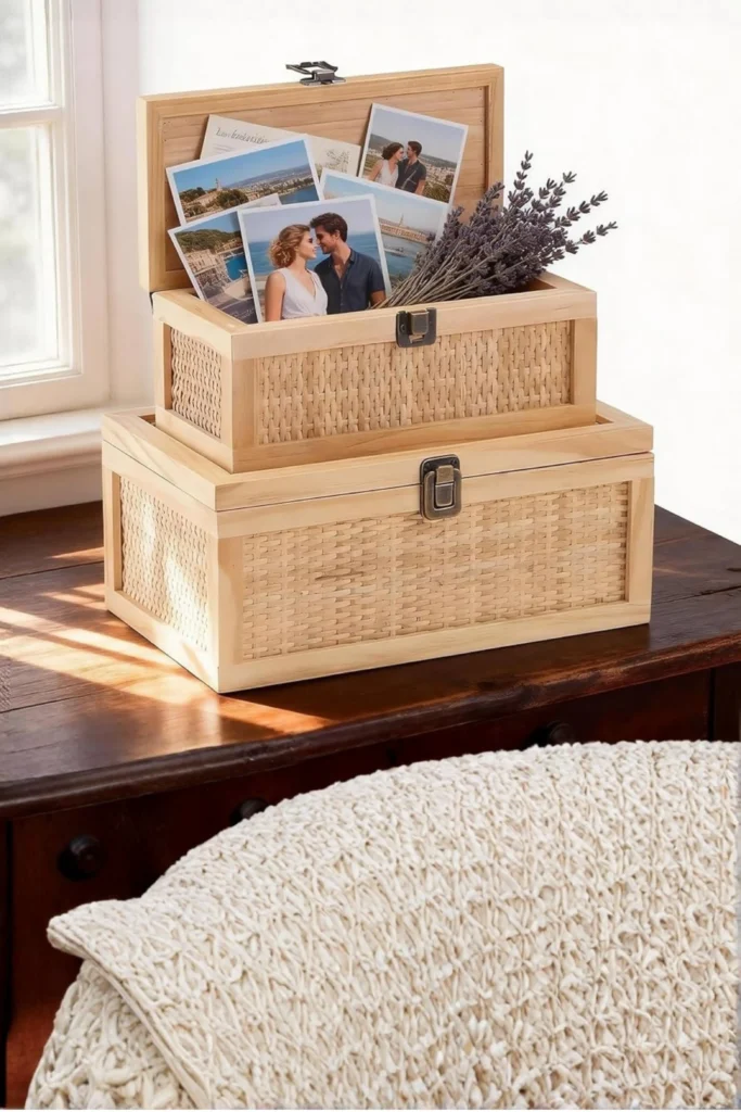 Two light-colored woven wooden memory boxes with metal latches stacked on a dark rustic wooden dresser by a window. The larger bottom box is closed, while the smaller top box is open, filled with printed photographs of a couple and a bunch of dried lavender flowers. Sunlight streams in from the side, casting soft shadows across the scene. This elegant bedroom storage layout shows why you should use lockable wooden boxes with clean lines to hide away charging cables, remotes, and bedside clutter beautifully, keeping your space serene.