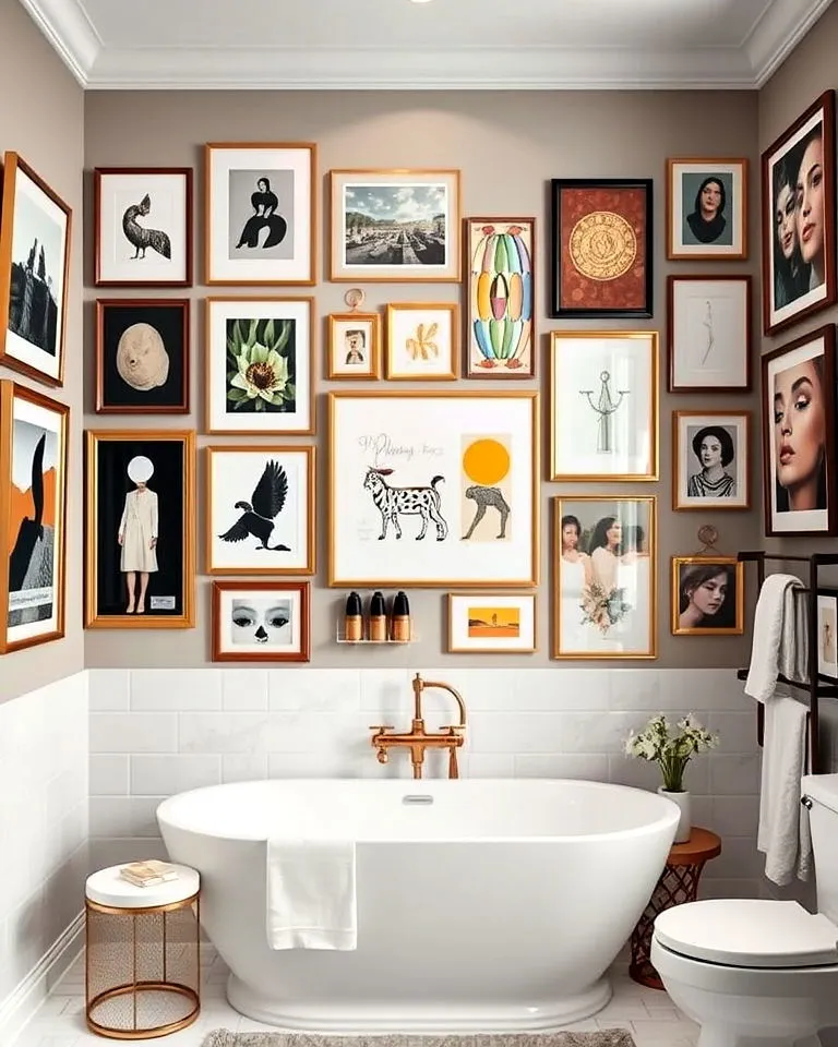 A bold and maximalist bathroom featuring an extensive, eclectic salon-style gallery wall made up of numerous framed art prints above white subway tile wainscoting, showcasing clever bathroom wall decor ideas modern layouts can incorporate. In this image, the gallery wall holds a mix of portraits, animal illustrations, and abstract art, positioned behind a modern freestanding bathtub with a striking brushed copper gooseneck floor-mount faucet.