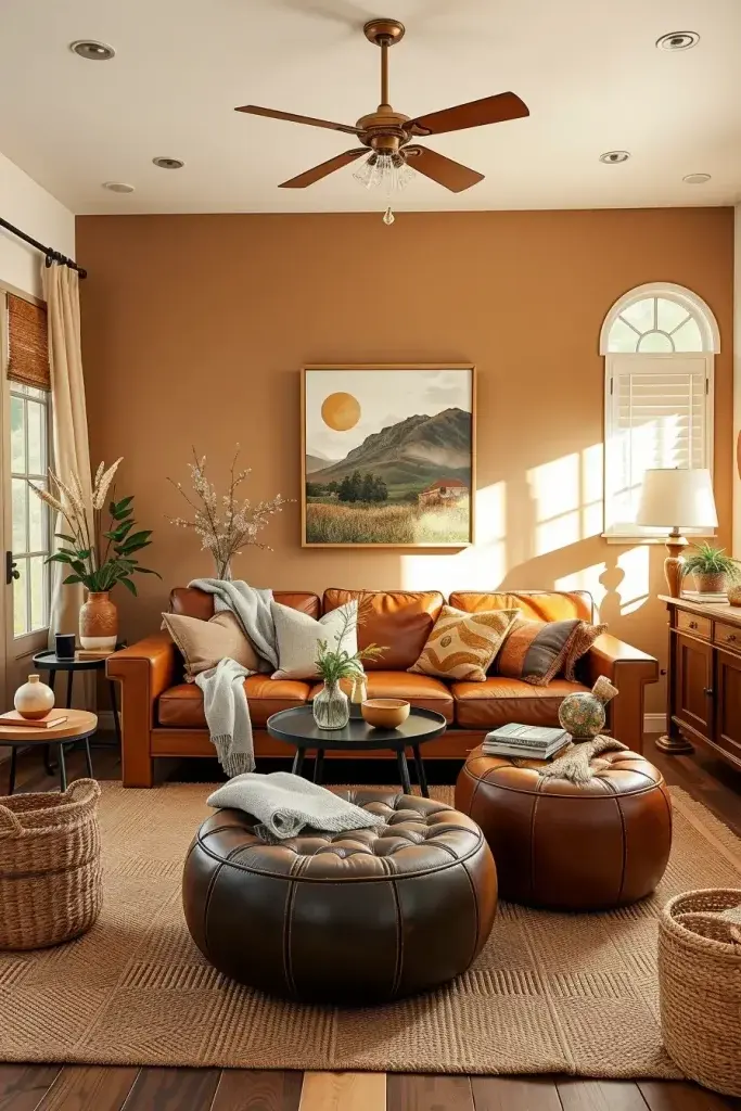 A warm and cozy family room enveloped in muddy, rich earth tones, showcased in the file "The Return of Rich, Warm Earth Tones.webp". The space features a soft clay and deep terracotta accent wall decorated with a landscape art print. A tan leather sofa with textured cushions and a soft throw blanket faces two round, tufted leather pouf ottomans on a woven, earth-toned area rug. Heavy linen curtains drape gracefully near the window, softening the incoming natural light and anchoring the tightly curated design.
