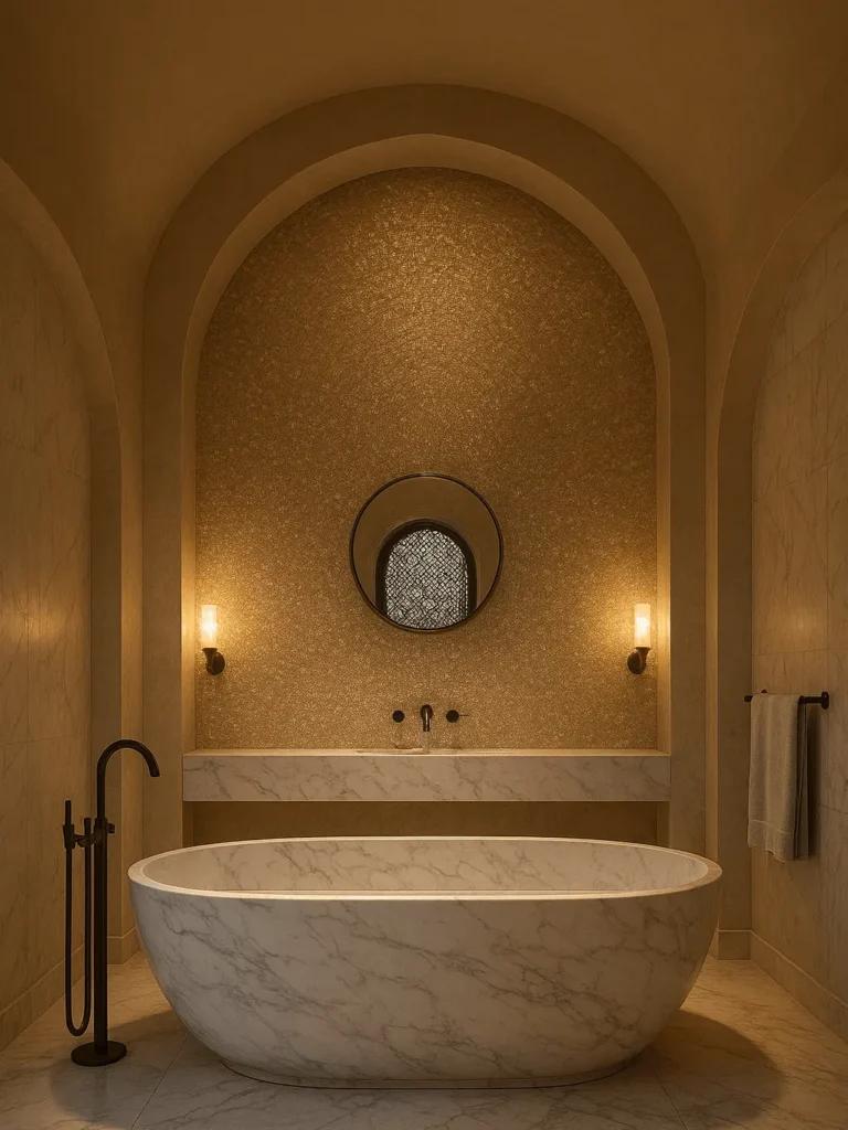 A luxury, spa-like bathroom featuring a grand alcove with a soaring recessed architectural archway built into warm beige marble walls, showcasing brilliant bathroom wall decor ideas modern techniques. In this image, the focal point is a large freestanding marble bathtub situated beneath a circular vanity mirror and a minimalist wall-mount faucet, softly lit by two elegant glowing glass sconces on either side.